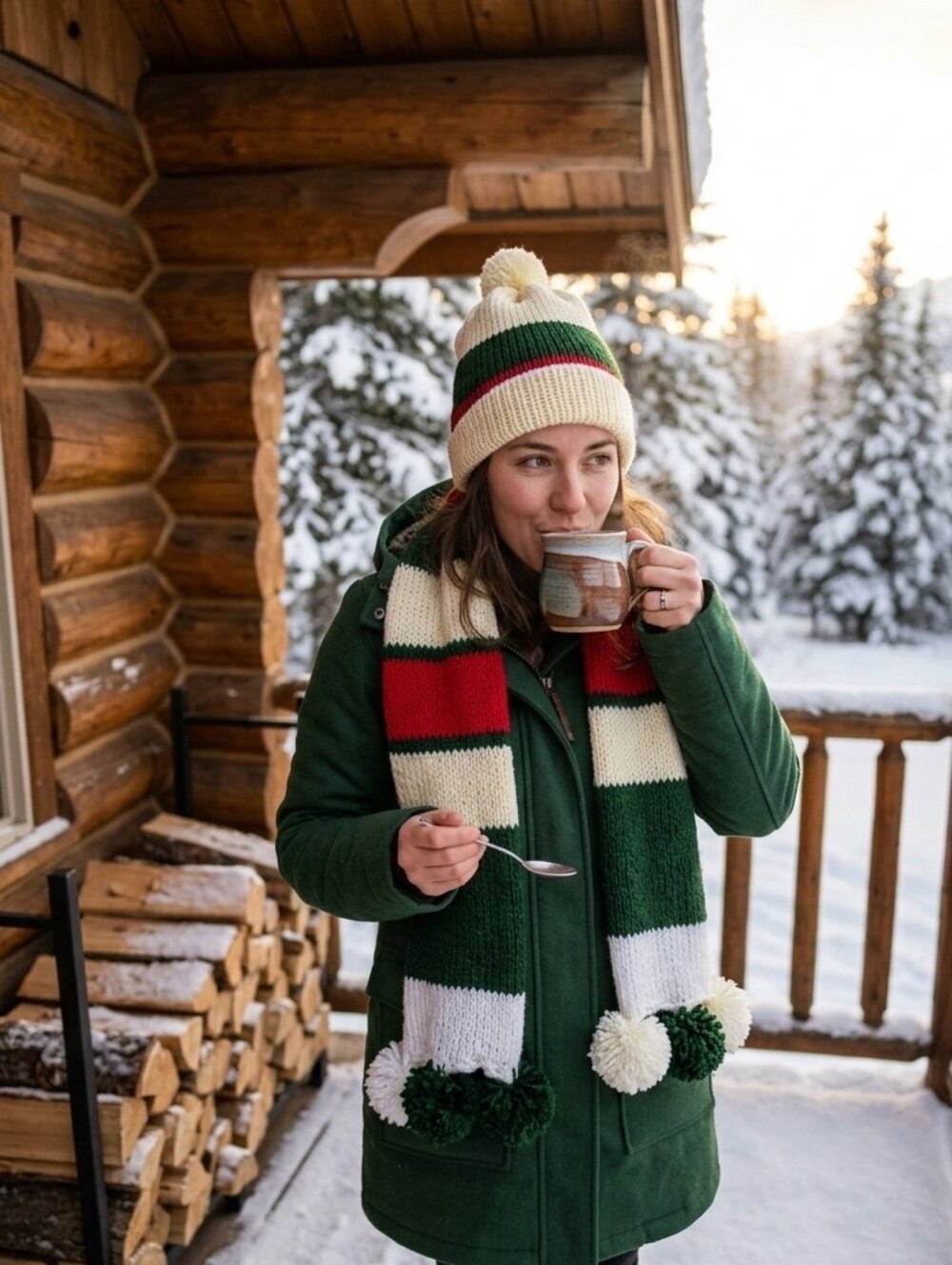 Cozy Green & Cream Striped Holiday Beanie and Scarf Both Set